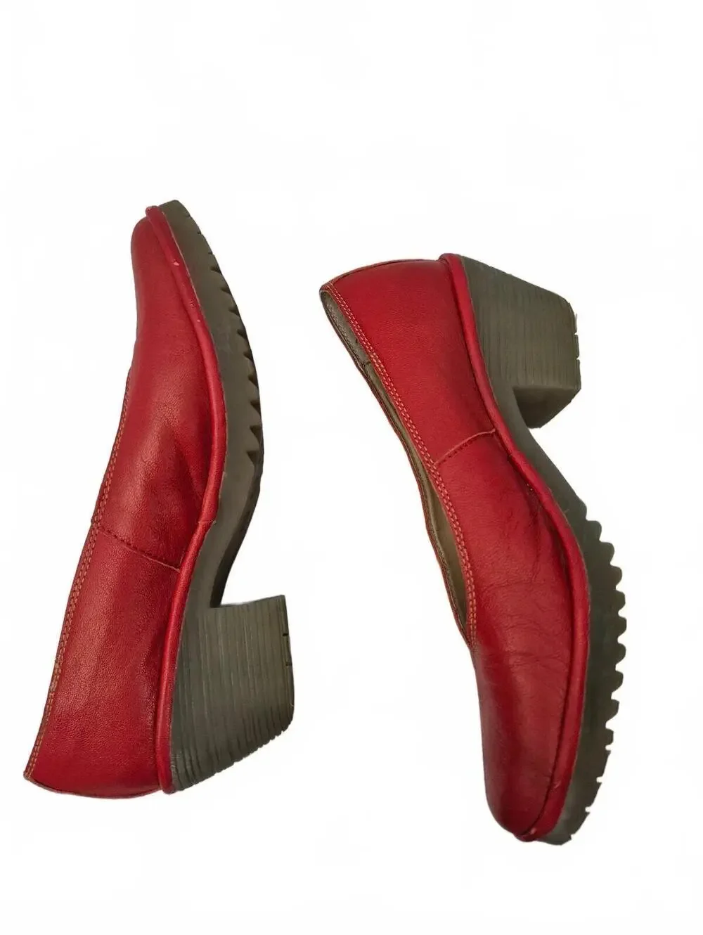 Fly London Red Leather Block Heel Pumps. Features Soft Leather Uppers, Slip-On D